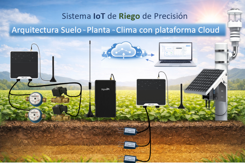 Kit IoT de riego de precisión con estación meteorológica, sensores de humedad del suelo y dashboard en la nube